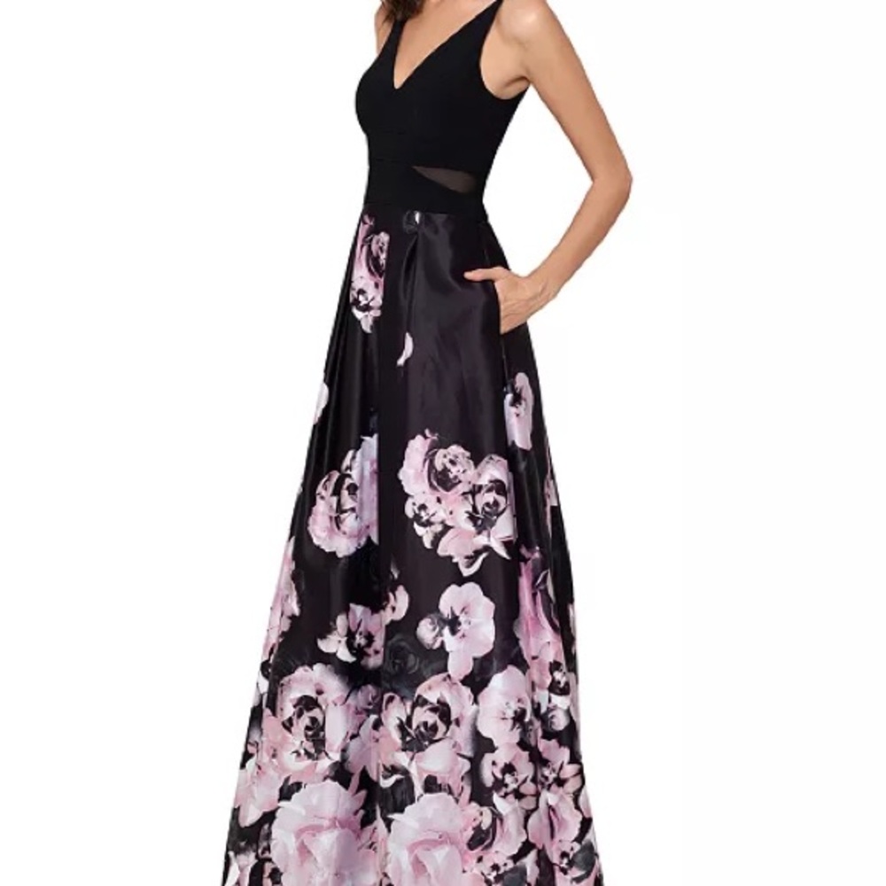 Xscape Black Maxi Dress with Pink Floral Skirt
